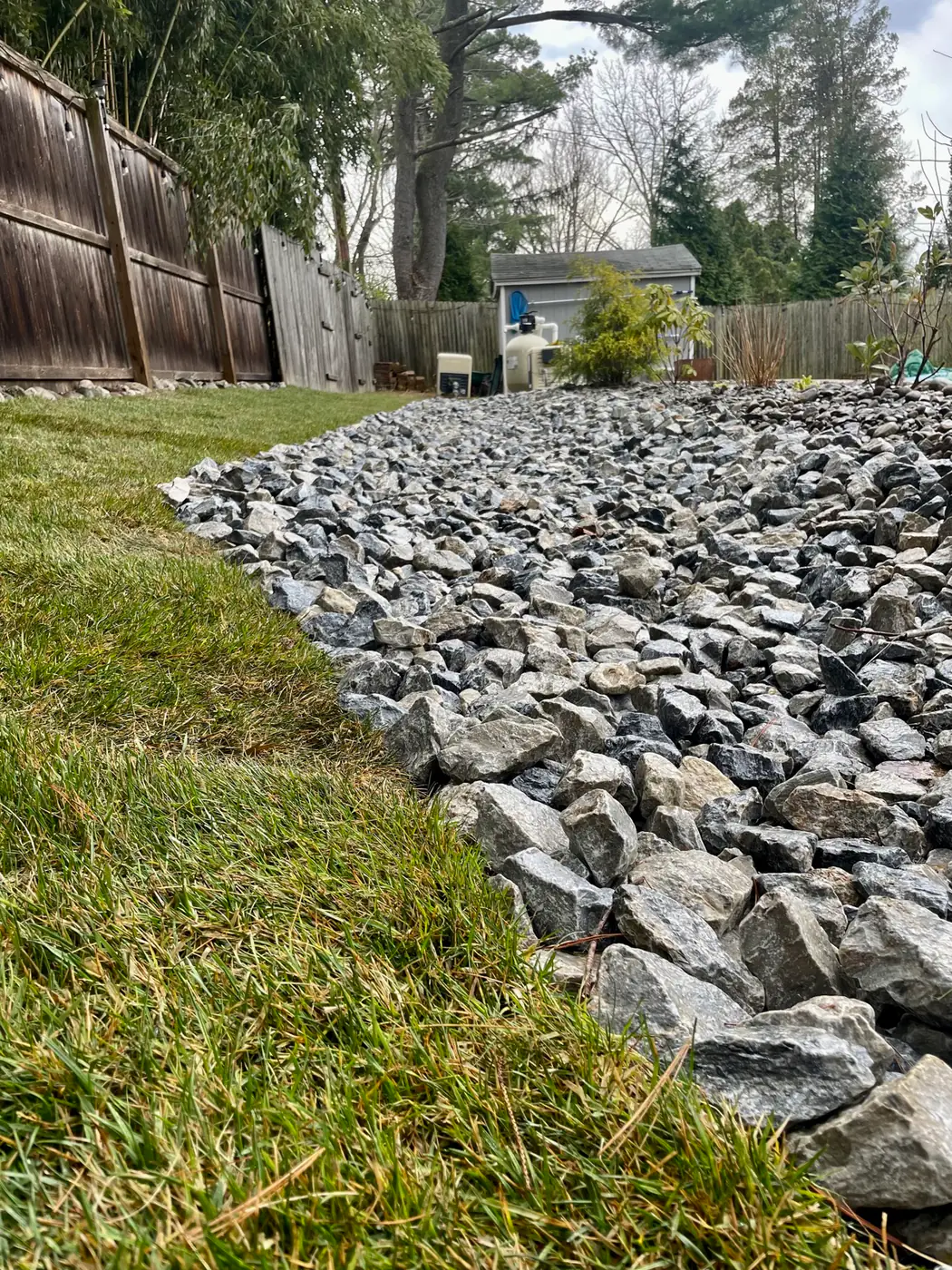 Rip-rap stone drainage swale controlling runoff on a slope