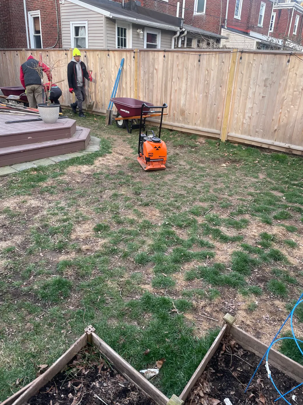 Worn-out patchy backyard lawn before artificial turf installation