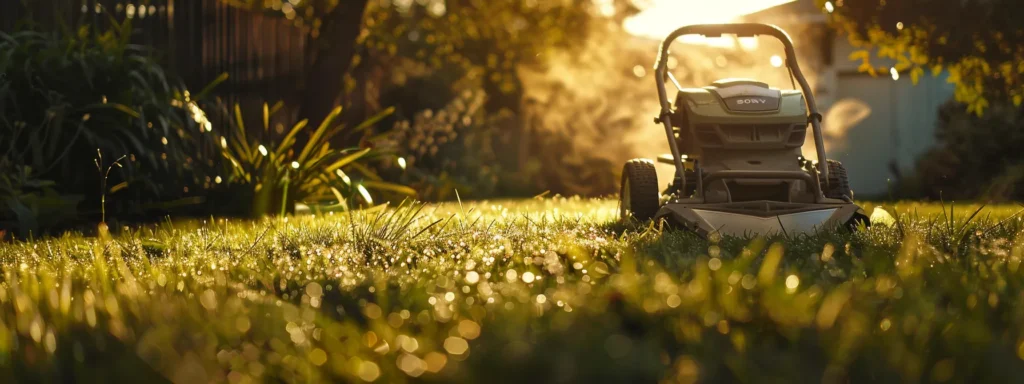 a well-maintained lawn mower sits on a pristine grassy lawn, with sharp blades gleaming in the sunlight, ready for efficient and effective garden care.