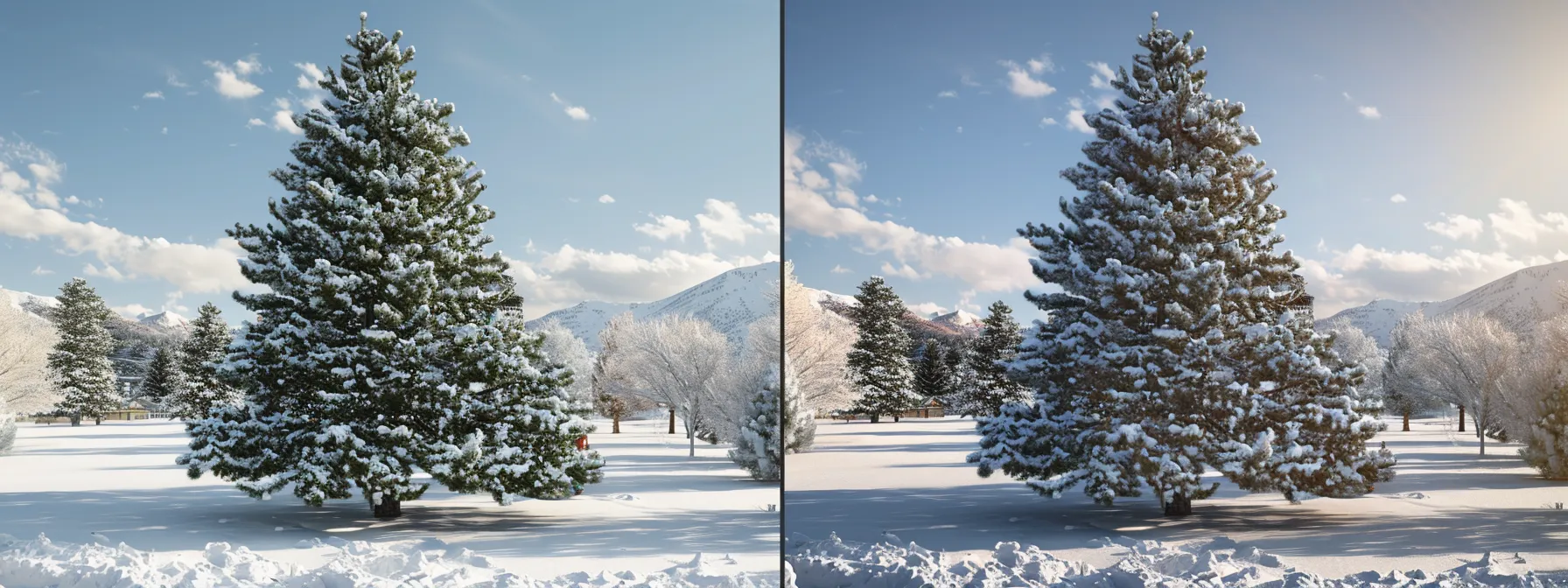 a snow-covered evergreen tree being trimmed and shaped against a backdrop of a serene winter landscape.