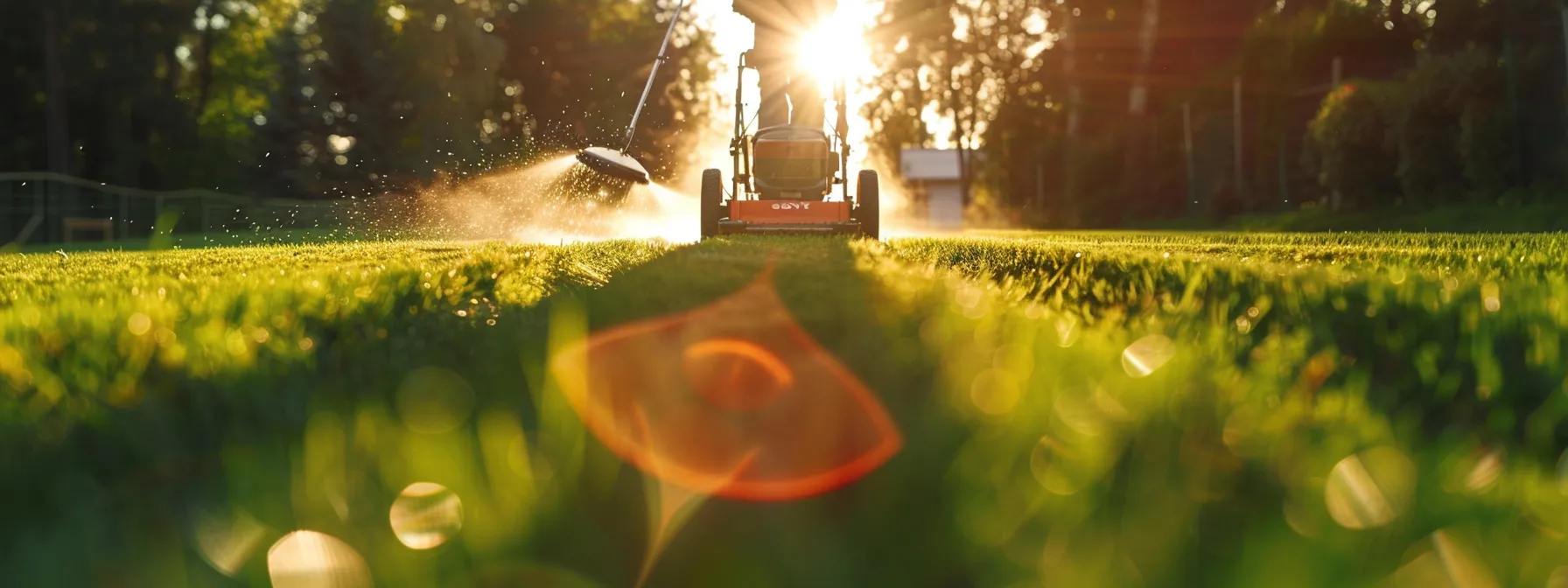 a vibrant green lawn being meticulously mowed in neat rows under the bright sun.