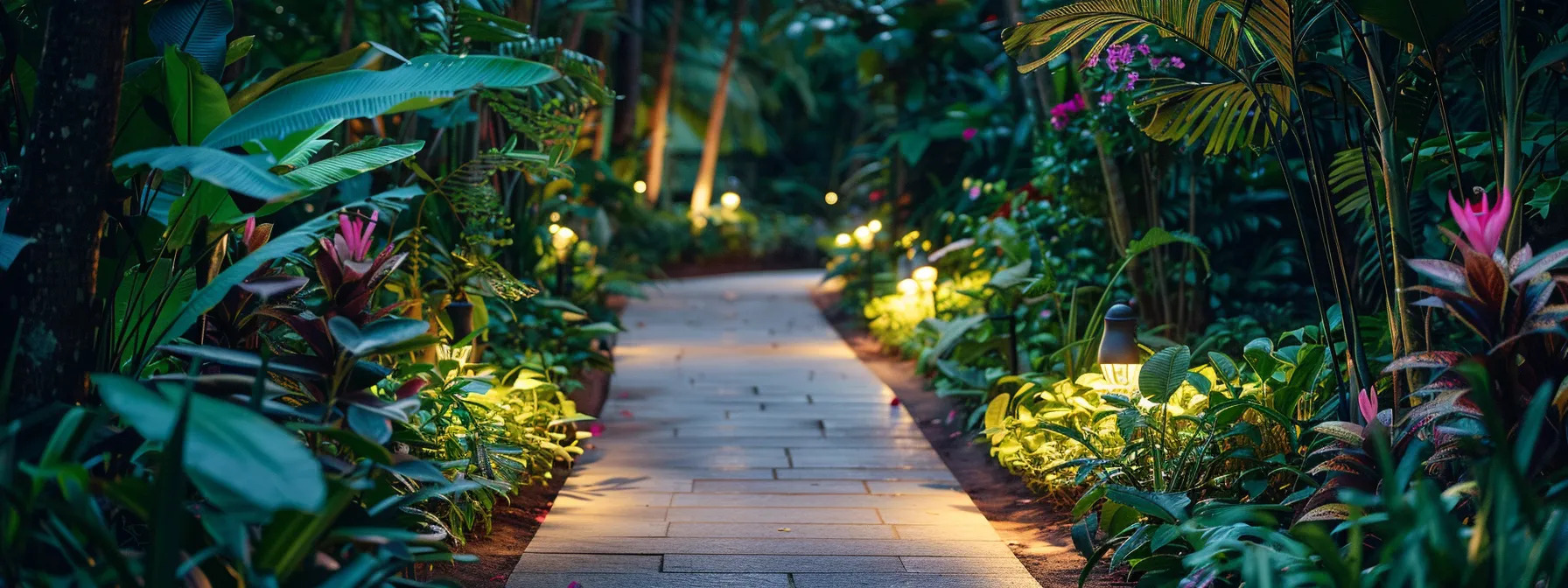 a well-lit pathway surrounded by vibrant flowers and lush greenery, showcasing a carefully installed landscape lighting system.