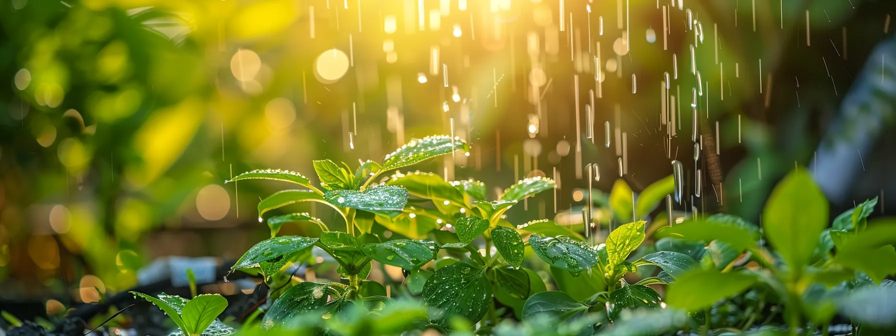 vibrant green plants receiving a slow, steady stream of water through drip irrigation in a sunlit garden.